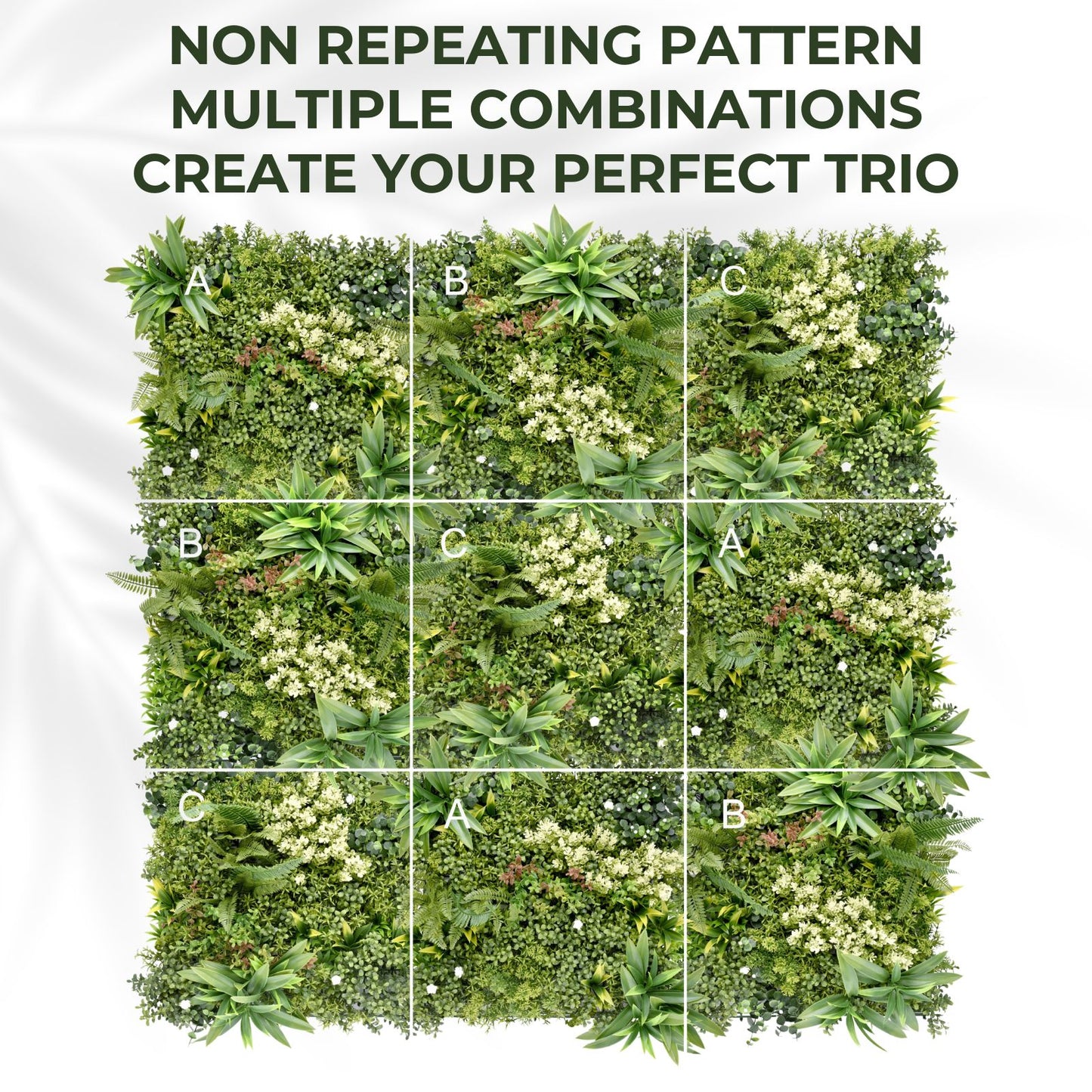 Meadow Nest - Set of Three Artificial Living Wall Panels - 50cm x 50cm Each